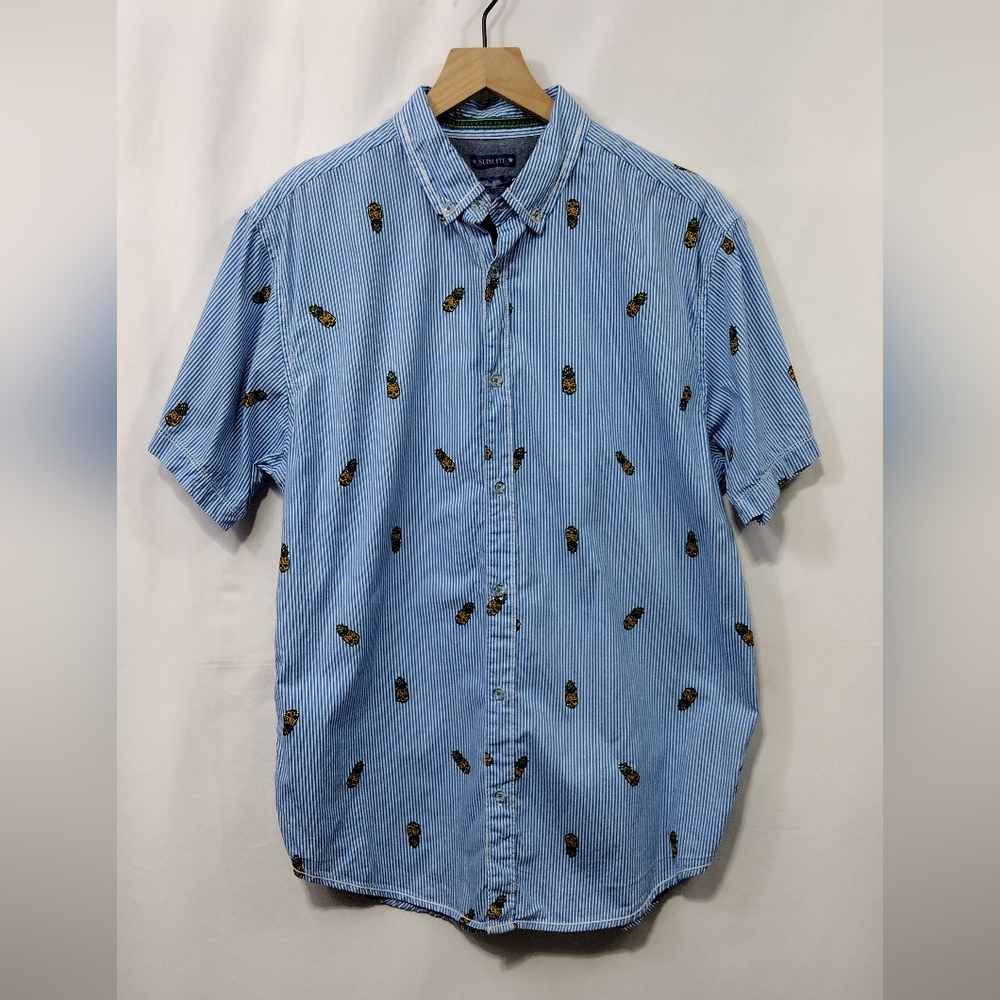 Stars & Stripes Skeleton Pineapple Print Button Shirt Mens L Blue  Boho Retro